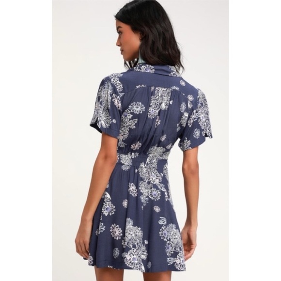 Free People Blue Hawaii Washed Blue Floral Print Short Sleeve Mini Dress - Picture 2 of 16